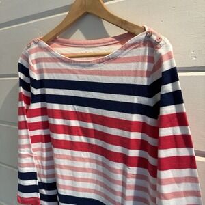 LANDS' END Top Women L 14-16 Striped Blouse Boat Neck 3/4 Sleeve Cotton Pink Red